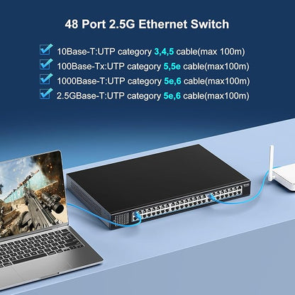48-Port 2.5G Switch Unmanaged, 48 x 10/100/1000/2500Mbps RJ45 Ports, Plug & - Image 5