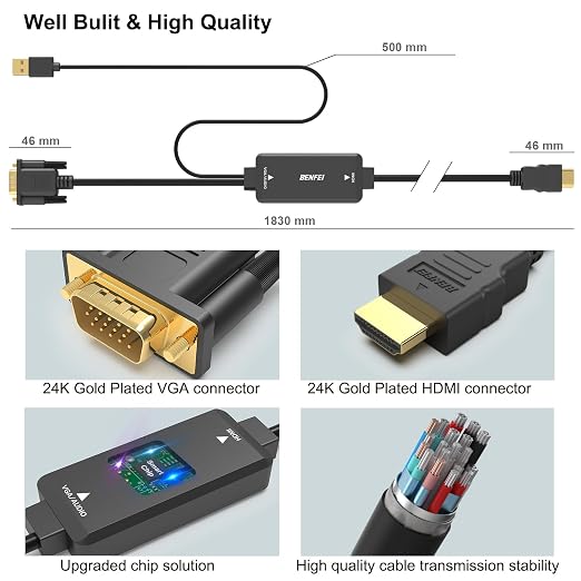 BENFEI VGA to HDMI Cable with Audio, 6 Feet 1080P Cable from VGA - Image 6
