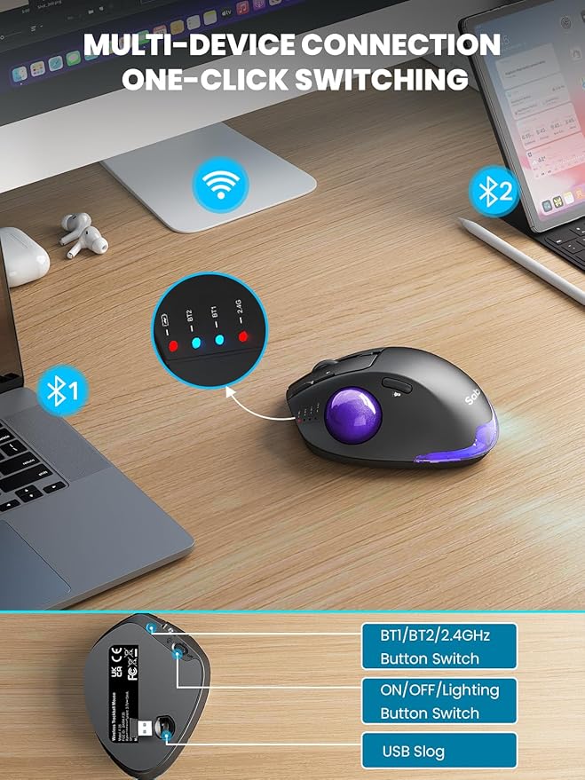Wireless Trackball Mouse, Ergonomic Bluetooth Rechargeable Computer Mouse - Image 4
