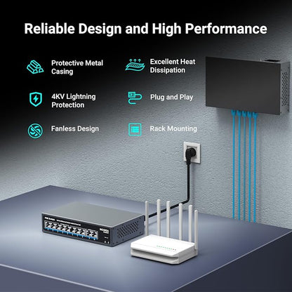 8 Port PoE Switch with 8 Ports 100Mbps PoE+@120W + 2 * Gigabit Uplink Port - Image 3