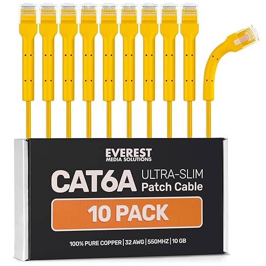 Everest Ultra Slim Cat6a Ethernet Patch Cables 15ft Yellow by EverestMediaSolutions