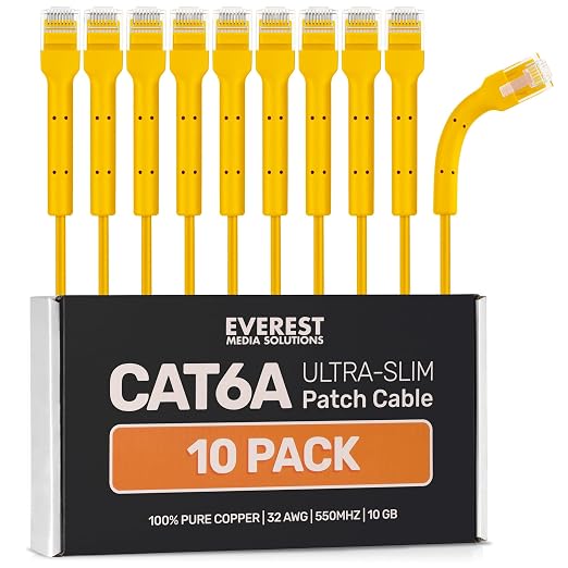 Everest Ultra Slim Cat6a Ethernet Patch Cables 1ft Yellow by EverestMediaSolutions
