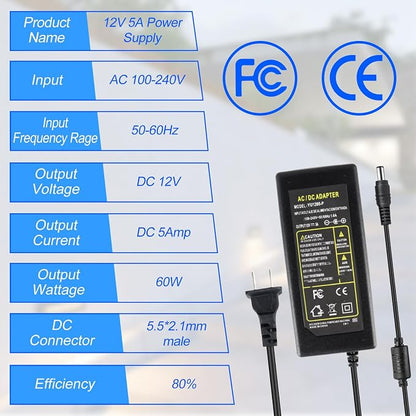 12V LED Strip Power Supply, 5A 60W Power Adapter, 12V Power Supply - Image 2