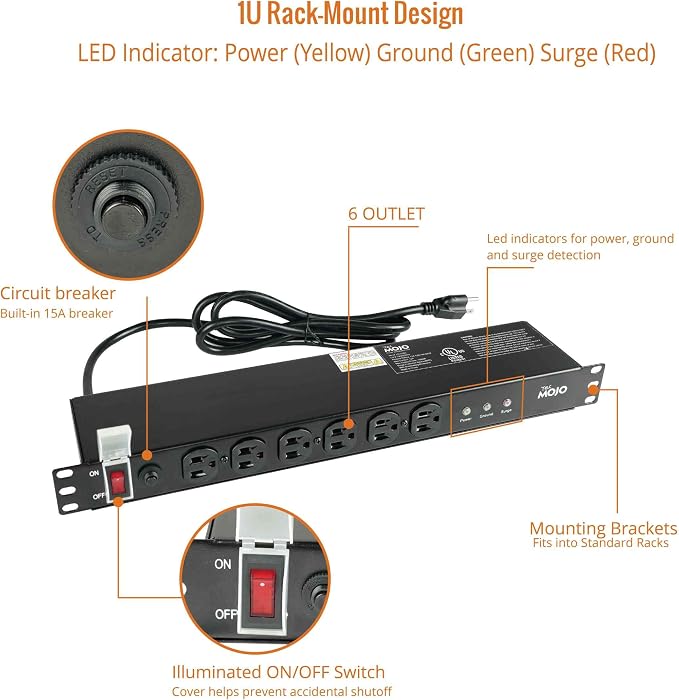 Tecmojo 1U Rackmount Network-Grade PDU Surge Protector Power Strip, 12 Outlets - Image 4