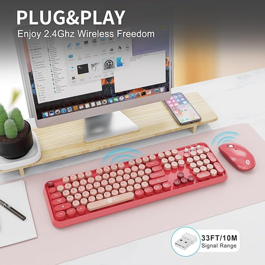 Wireless Keyboard and Mouse Combo, 104 Round Keys Cute Colorful Keyboard and - Image 2