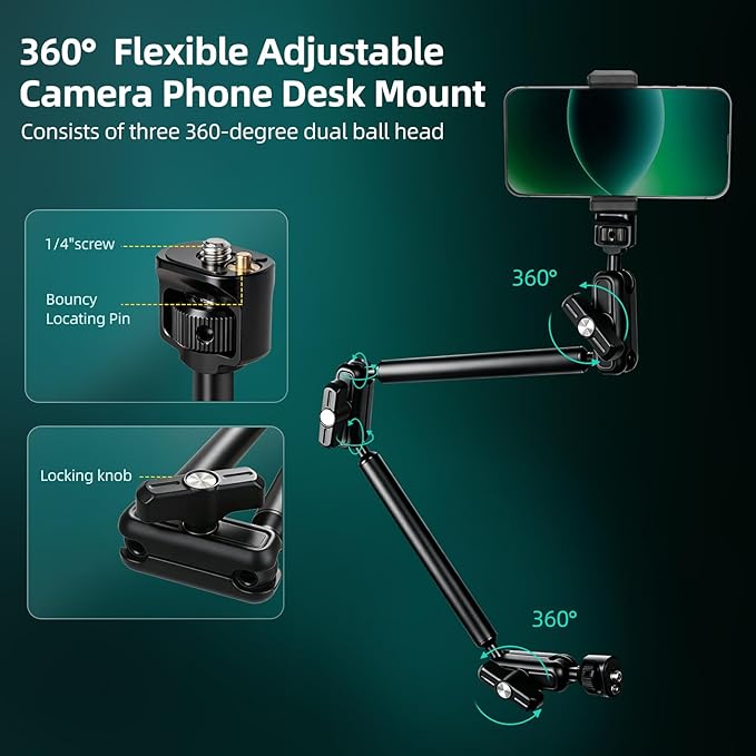 22" Magic Arm Clamp, Overhead Phone Mount Holder Stand, Flexible Desk Camera - Image 3