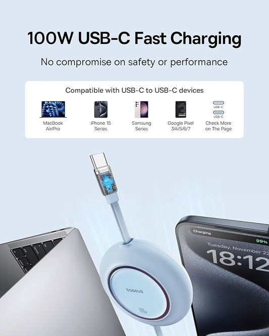Baseus USB C to USB C Cable, 100W 6.6ft Retractable USB C Fast Charging Cable - Image 2