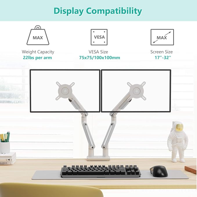 WALI Dual Monitor Stand White Monitor Arms - Image 3