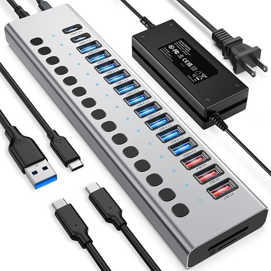 Powered USB Hub 10Gbps, 17 Ports 96W USB 3.2 Hub, 12V/8A Power Adapter by VANGREE