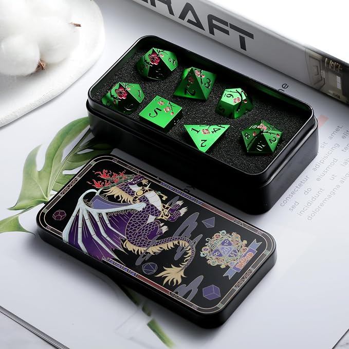 Matt Green Metal Dice Set, DNDND 7 PCS Heavy Metallic D&D Dice Set - Image 4