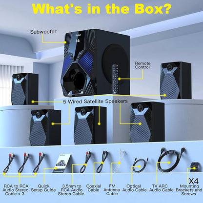 1000W Surround System 5 Wired Satellite Audio Speakers 8 inch Subwoofer 5.1/2.1 - Image 6
