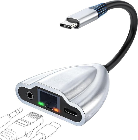 USB C Hub Multiport Adapter, 4 in 1 USB C Spliter to 3.5mm Audio, 1Gbps RJ45 by CIXUN