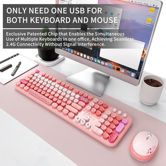 Wireless Keyboard and Mouse Combo, 104 Round Keys Full-Size Cute Colorful Pink - Image 2