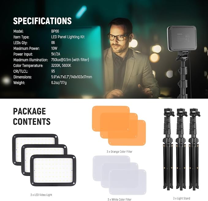 NEEWER BASICS LED Video Light Panel Lighting Kit, 3 Pack Bi Color Dimmable - Image 8