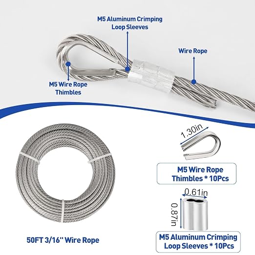 TooTaci 3/16" Stainless Steel Cable, 50ft Wire Rope - Image 2