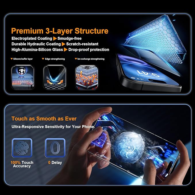 OneFish Glass Screen Protector for iphone 16 Pro, HD Clarity Tempered Glass Film - Image 7