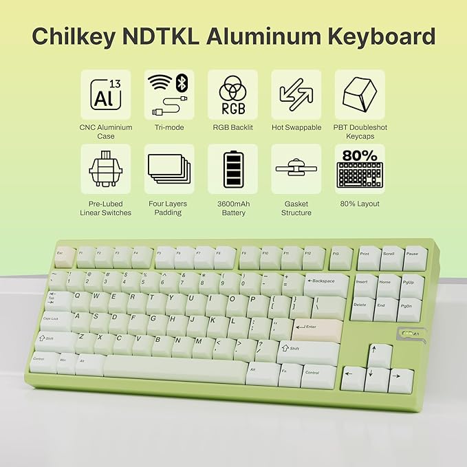 Chilkey ND TKL Aluminum Mechanical Keyboard, 87 Keys Tenkeyless Wireless Gaming - Image 2