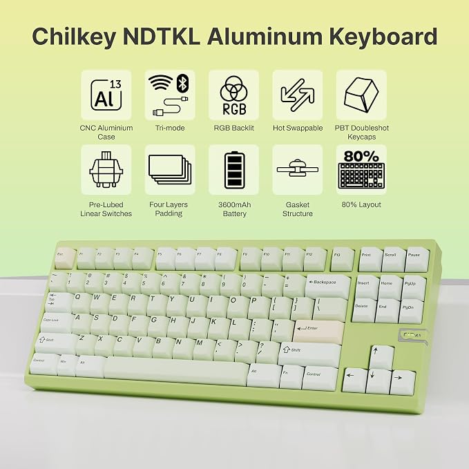 Chilkey ND TKL Aluminum Mechanical Keyboard, 87 Keys Tenkeyless Wireless Gaming - Image 2