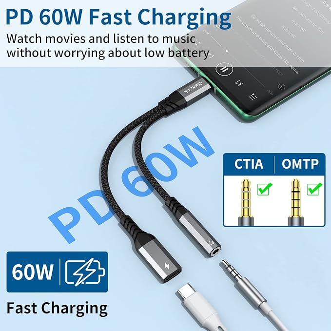 USB C to 3.5mm Headphone and Charger Adapter, 2-in-1 Type C to Aux Jack Cable - Image 3