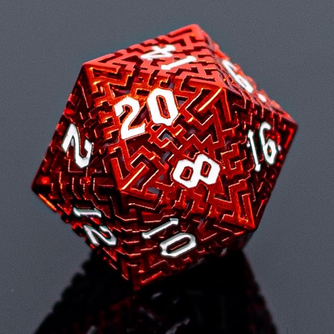 Red Metal Hollow DND Dice Set Metallic Luster Maze Design - Image 5