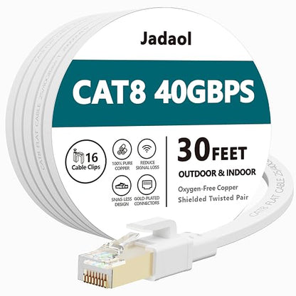 Jadaol Cat 8 Ethernet Cable 30 ft, 40Gbps 2000MHz Flat RJ45 S/FTP LAN Patch by Jadaol