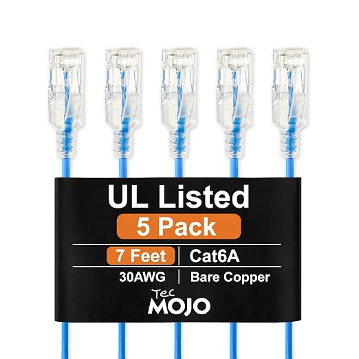 Tecmojo UL Listed Ultra-Slim Cat6a 7ft Ethernet Patch Cable, 30AWG 100% Pure by Tecmojo
