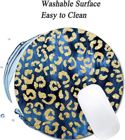 Leopard Gold Watercolor Navy Blue Mouse Pad Round Non-Slip Rubber Mousepad - Image 3