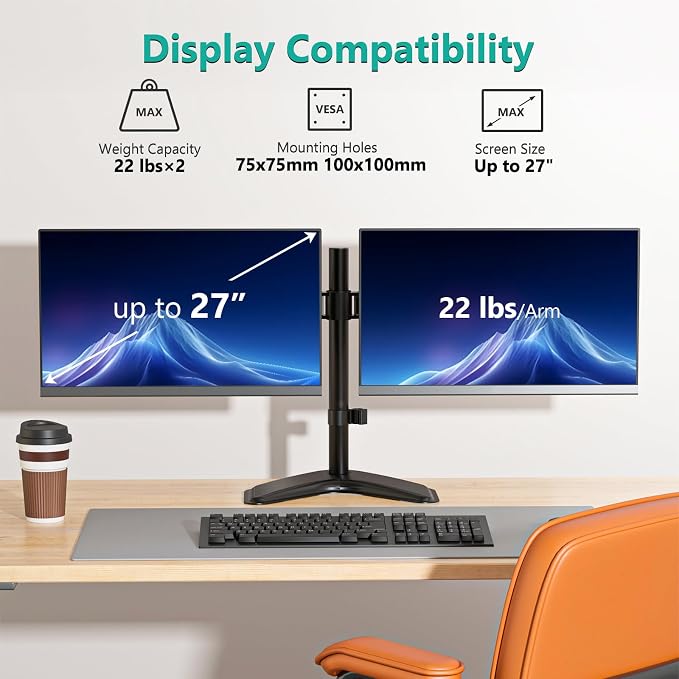 WALI Dual Monitor Stand for Desk, Monitor Stands for 2 Monitors up to 27 inch - Image 2