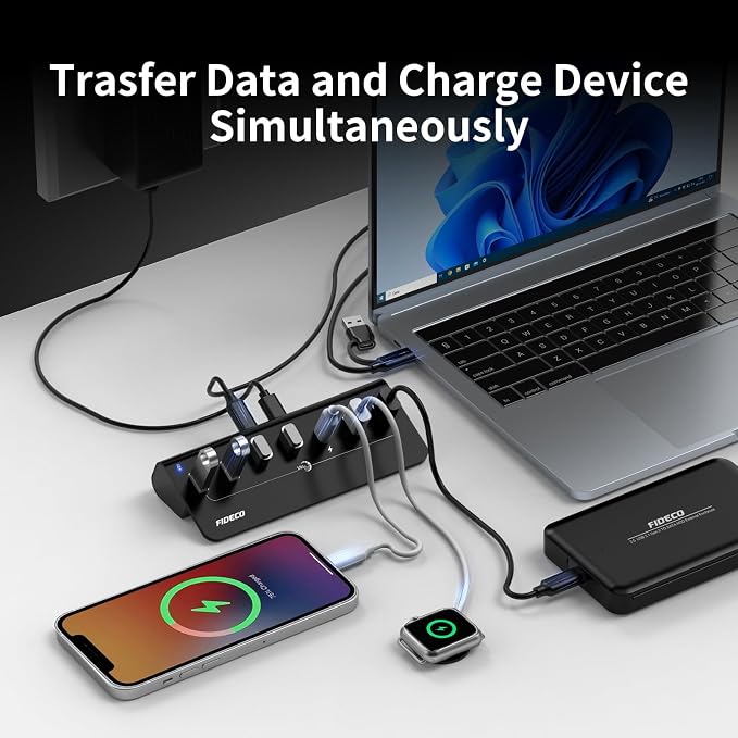 FIDECO Powered USB Hub, 7 Port USB 3.2 Gen 2, 10Gbps Fast Data Hub - Image 5