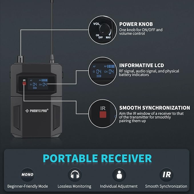 Phenyx Pro in Ear Monitor for Musicians, UHF Wireless in-Ear Monitors System - Image 3