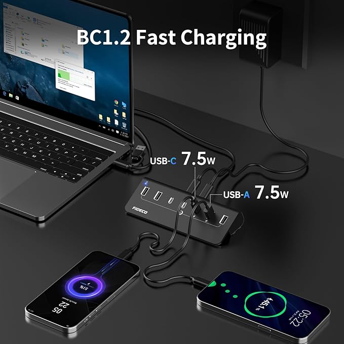 FIDECO Powered USB Hub, 7 Port USB 3.2 Gen 2, 10Gbps Fast Data Hub - Image 4