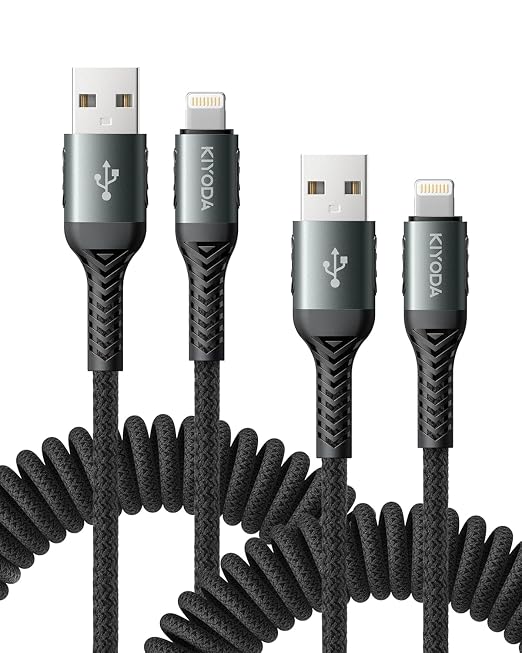 USB to Lightning Cable for Car 3FT+6FT, Coiled iPhone Charger Cables Braided by KIYODA