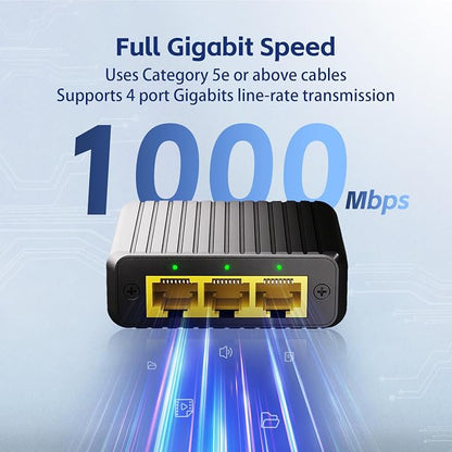 Binardat 1 to 3 Gigabit Network Splitter, 4 Port Ethernet Switch, Type-C Power - Image 3
