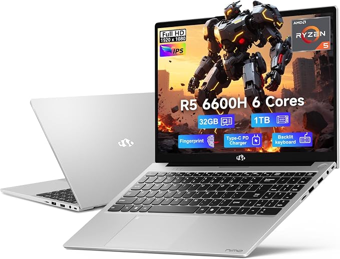 NIMO 15.6" IPS FHD-Gaming-Laptop, AMD Ryzen 5 6600H 6-Cores 660M GPU 32GB DDR5 by Nimo