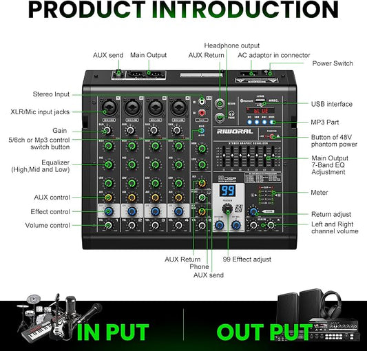 6 Channel Audio Interface Dj Mixer Soundboard Console 99 Dsp Reverb Delay - Image 2