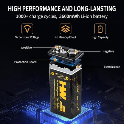 HW 9V Batteries， 3600mWh Rechargeable 9 Volt Battery - Image 2