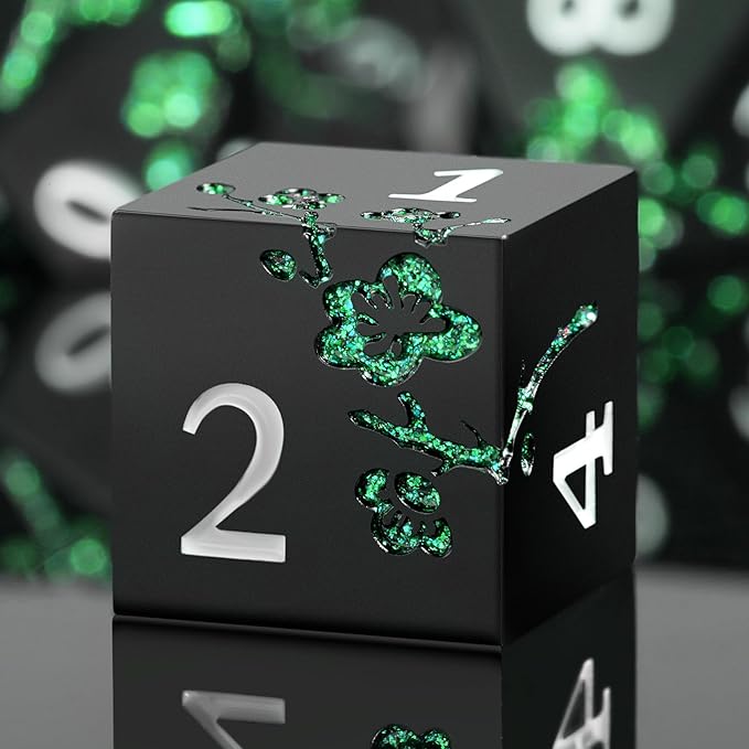 Glitter Green DND Metal Dice, DNDND 7 PCS Flower Metallic DND Dice Set by DNDND