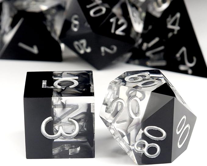 Haxtec Sharp Edge DND Dice Set Black Swirls Resin Dice - Image 6