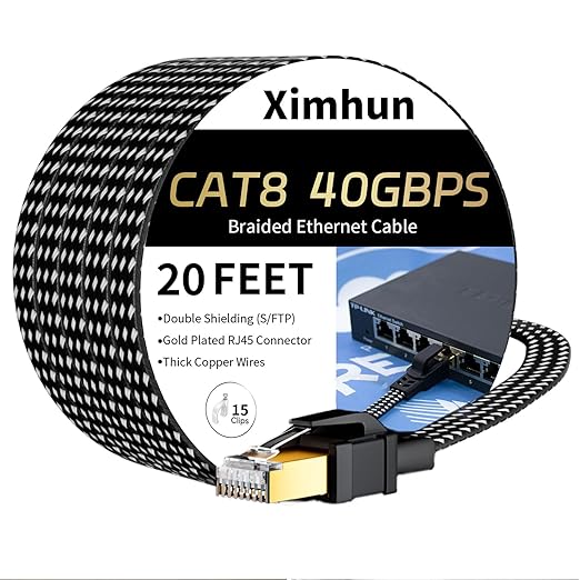 Cat 8 Ethernet Cable 20 FT, High-Speed Braided Internet Cable Network Cord by XimhunEthernetCable