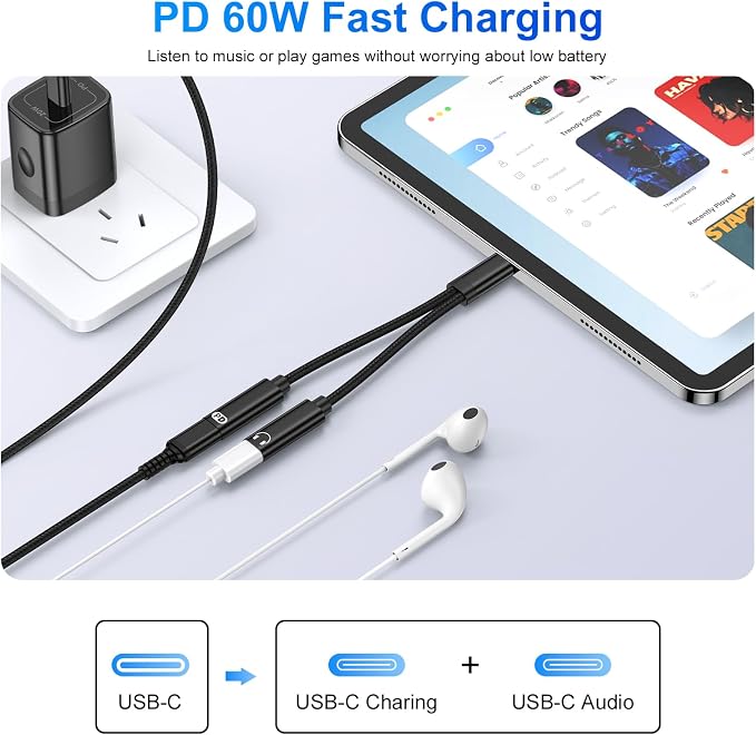 USB-C Headphone and Charger Adapter, 2in1 USB C Splitter Dongle Cable - Image 2