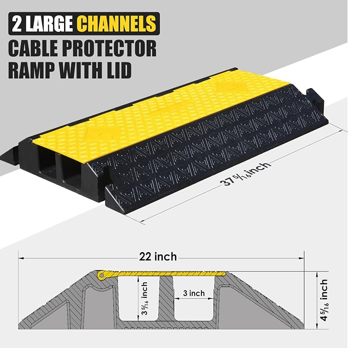 2 Large Channels Rubber Floor Cable Protector Ramp, Heavy-Duty Floor Cable Wire - Image 2