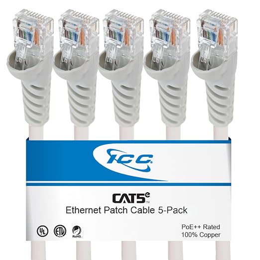 ICC CAT5e Ethernet Patch Cord 25 FT 5-Pack, UTP 24 AWG UL Listed, 100% Stranded by ICC