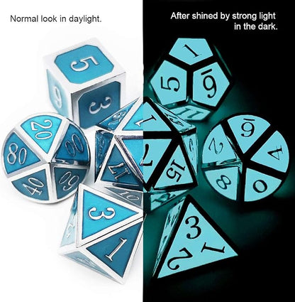 Haxtec Glow in The Dark Metal Dice Set D&D Glowing Blue Silver W/Dragon Dice - Image 4