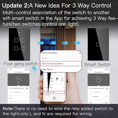 MOES 2.4GHz WiFi Wall Touch Smart Switch Neutral Wire Required, 3 Way - Image 3