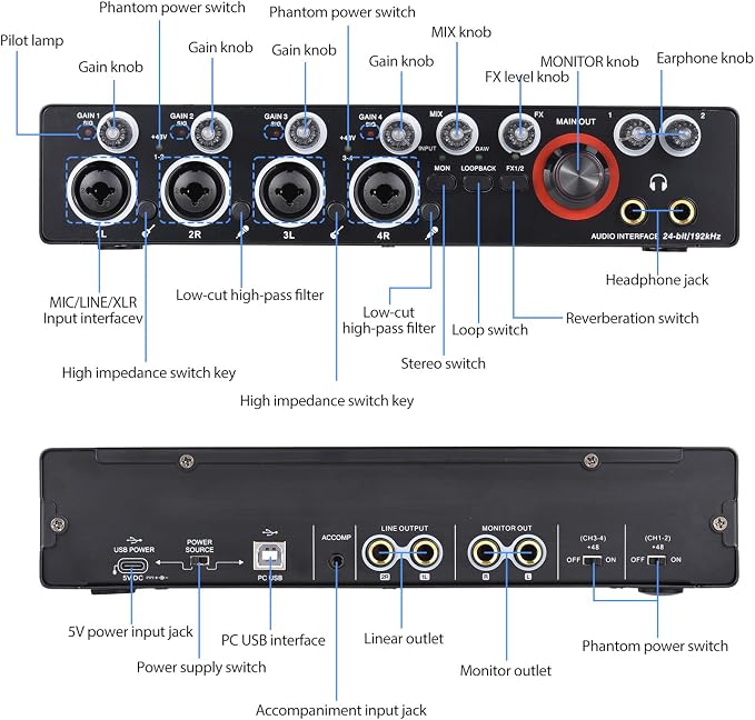 4 Channels Sound Card Computer Audio Interface, 4-in 4-out - Image 3