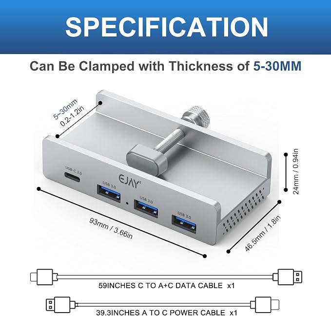 EJAY Mountable 4Ports USB3.0 HUB Alu Desktop Clamp Type C USB3.0 Splitter - Image 3