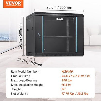 VEVOR 9U Wall Mount Network Server Cabinet, 15.5'' Deep, Server Rack Cabinet - Image 7