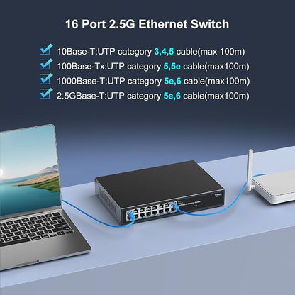 16 Port 2.5G Switch Unmanaged, Vimin 16 Port 2.5GB Base-T Ethernet Switch - Image 4