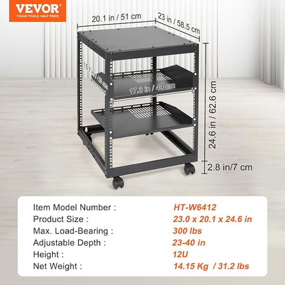 VEVOR 12U Open Frame Server Rack, 23-40 in Adjustable Depth, Free Standing or - Image 7
