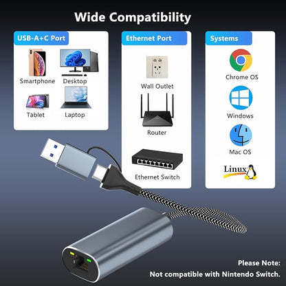 USB to Ethernet Adapter 2.5Gb, Dual-Connector 2 in 1 USBA&USBC to 2.5 Gigabit - Image 6